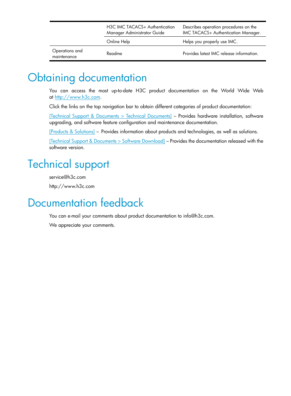 Obtaining documentation, Technical support, Documentation feedback | H3C Technologies H3C Intelligent Management Center User Manual | Page 5 / 641