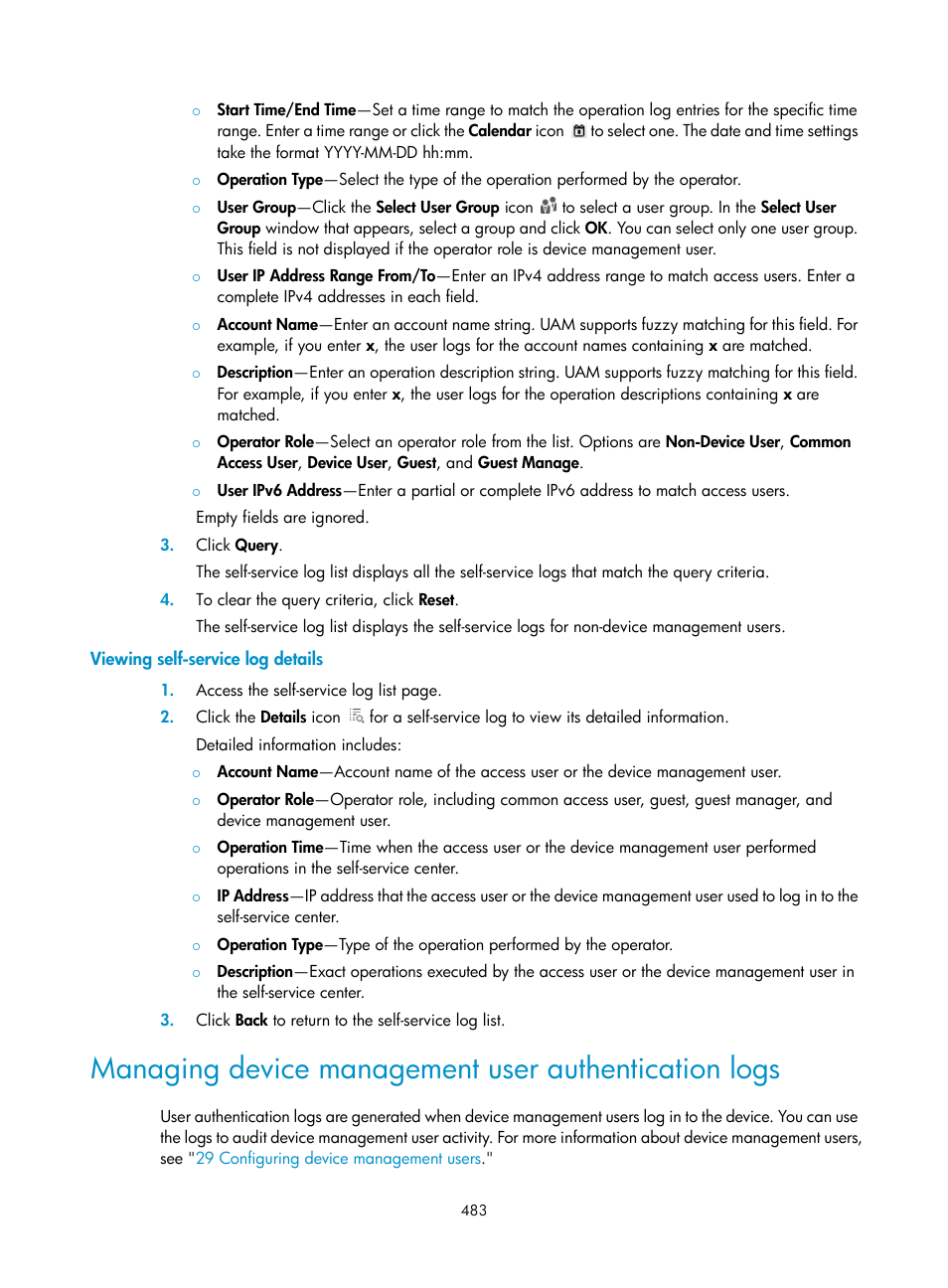 Viewing self-service log details | H3C Technologies H3C Intelligent Management Center User Manual | Page 501 / 641