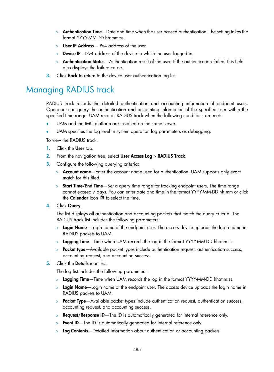 Managing radius track | H3C Technologies H3C Intelligent Management Center User Manual | Page 503 / 641