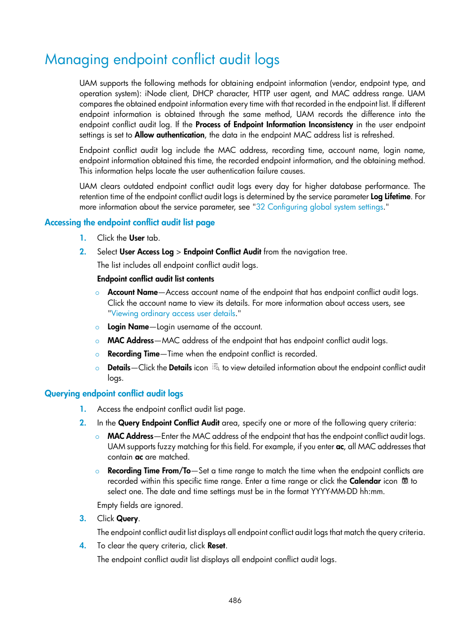 Managing endpoint conflict audit logs, Querying endpoint conflict audit logs | H3C Technologies H3C Intelligent Management Center User Manual | Page 504 / 641