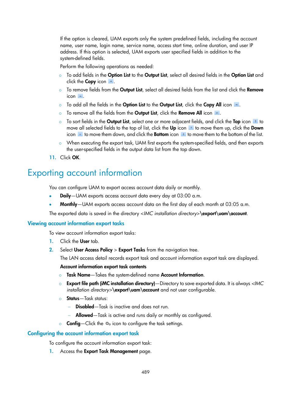 Exporting account information, Viewing account information export tasks, Configuring the account information export task | H3C Technologies H3C Intelligent Management Center User Manual | Page 507 / 641