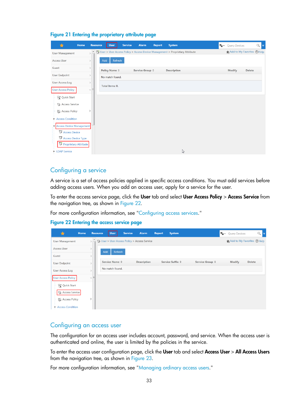 Configuring a service, Configuring an access user, N in | Figure 21 | H3C Technologies H3C Intelligent Management Center User Manual | Page 51 / 641