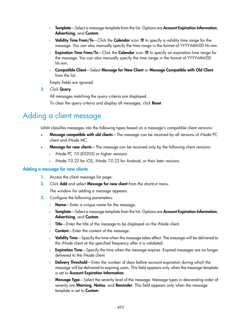 Adding a client message, Adding a message for new clients | H3C Technologies H3C Intelligent Management Center User Manual | Page 511 / 641