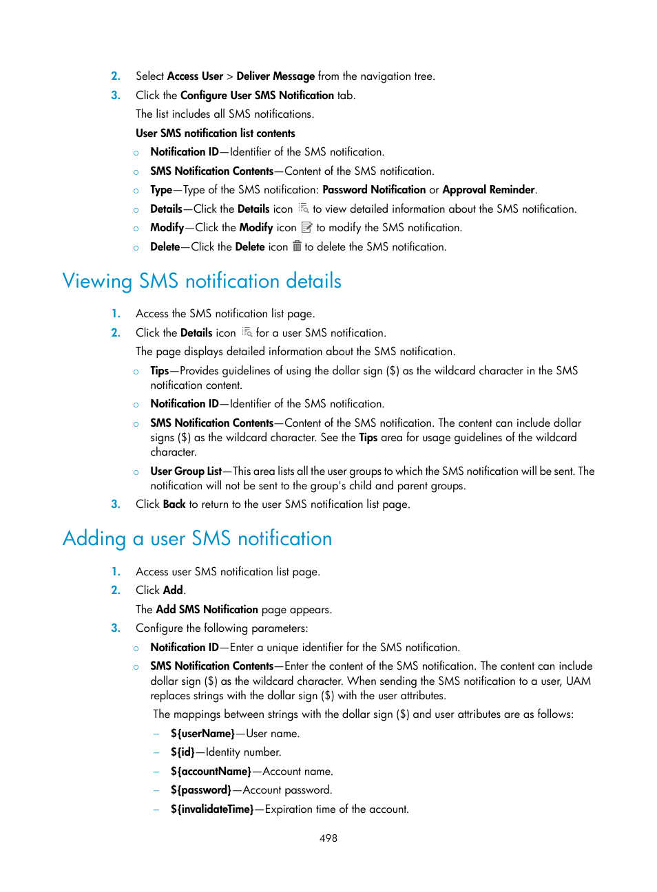 Viewing sms notification details, Adding a user sms notification | H3C Technologies H3C Intelligent Management Center User Manual | Page 516 / 641