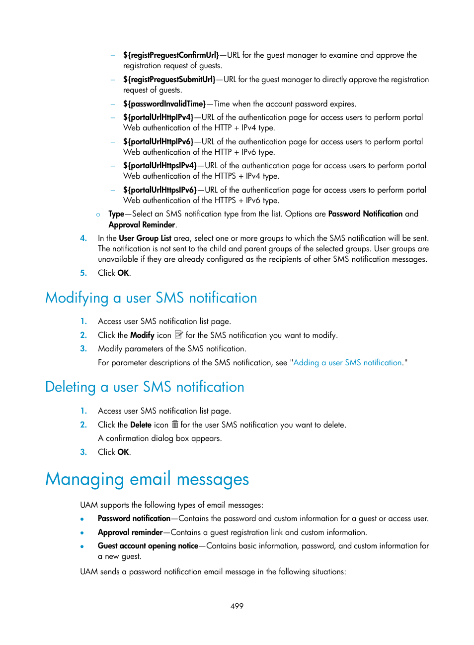Modifying a user sms notification, Deleting a user sms notification, Managing email messages | H3C Technologies H3C Intelligent Management Center User Manual | Page 517 / 641