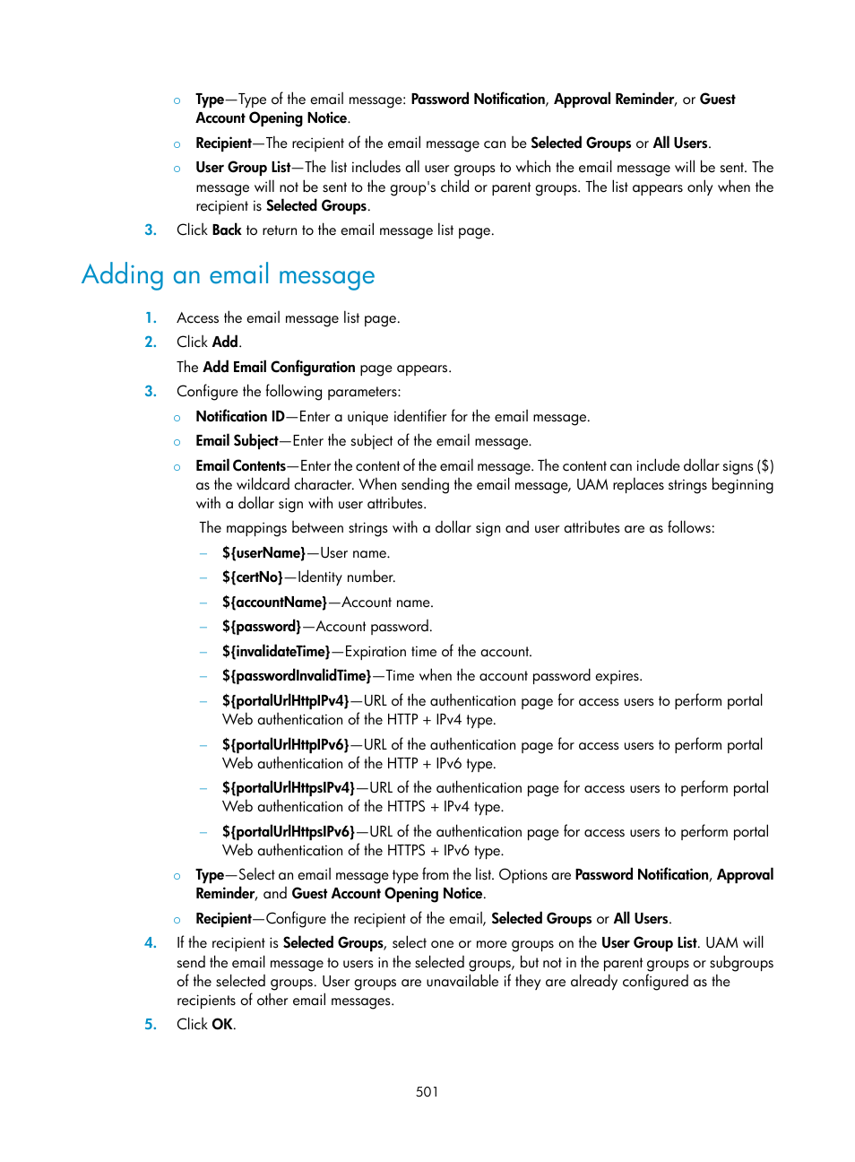 Adding an email message | H3C Technologies H3C Intelligent Management Center User Manual | Page 519 / 641