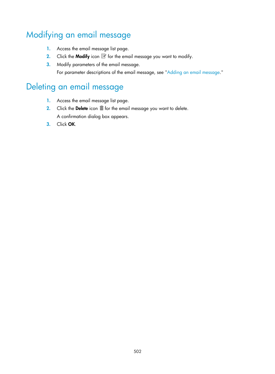 Modifying an email message, Deleting an email message | H3C Technologies H3C Intelligent Management Center User Manual | Page 520 / 641