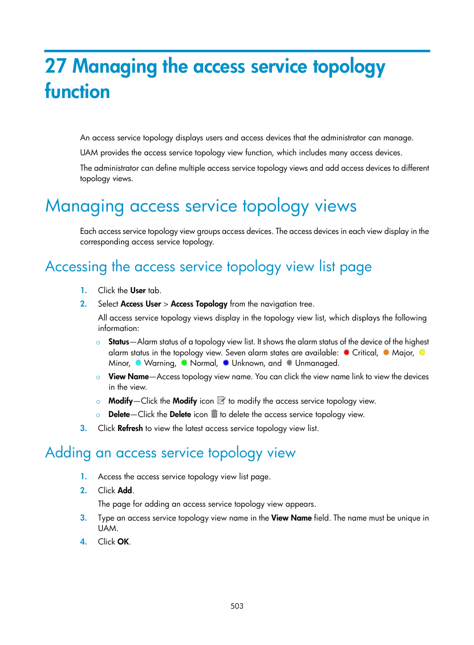 27 managing the access service topology function, Managing access service topology views, Adding an access service topology view | H3C Technologies H3C Intelligent Management Center User Manual | Page 521 / 641