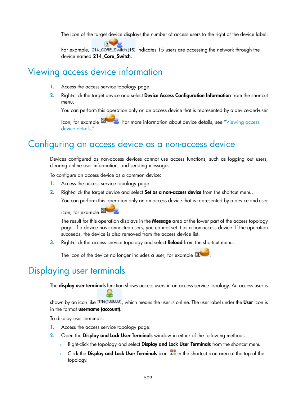 Viewing access device information, Displaying user terminals | H3C Technologies H3C Intelligent Management Center User Manual | Page 527 / 641