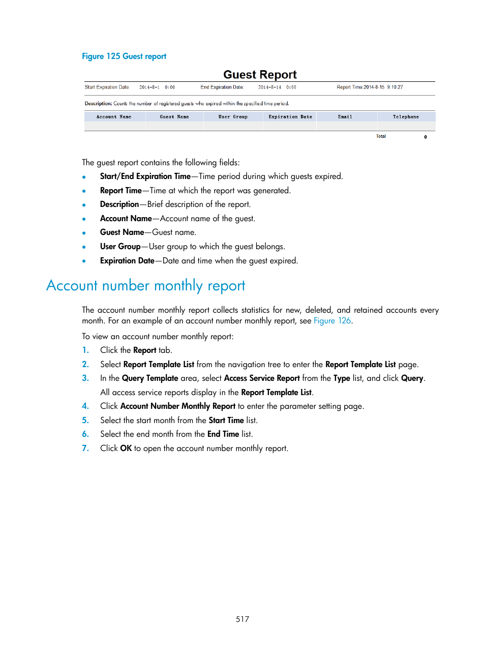Account number monthly report | H3C Technologies H3C Intelligent Management Center User Manual | Page 535 / 641