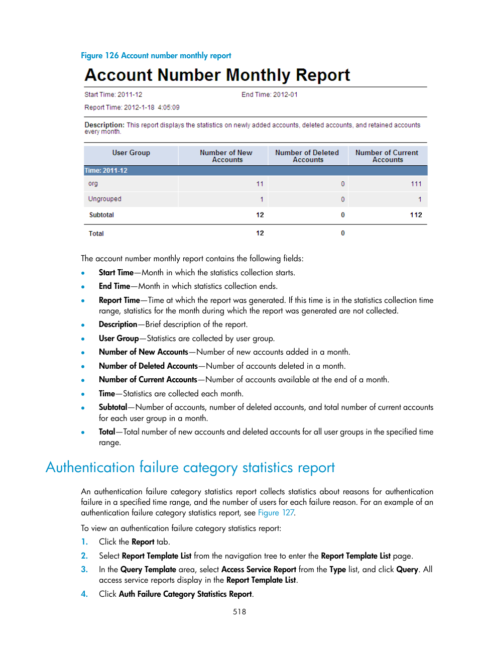 Authentication failure category statistics report | H3C Technologies H3C Intelligent Management Center User Manual | Page 536 / 641