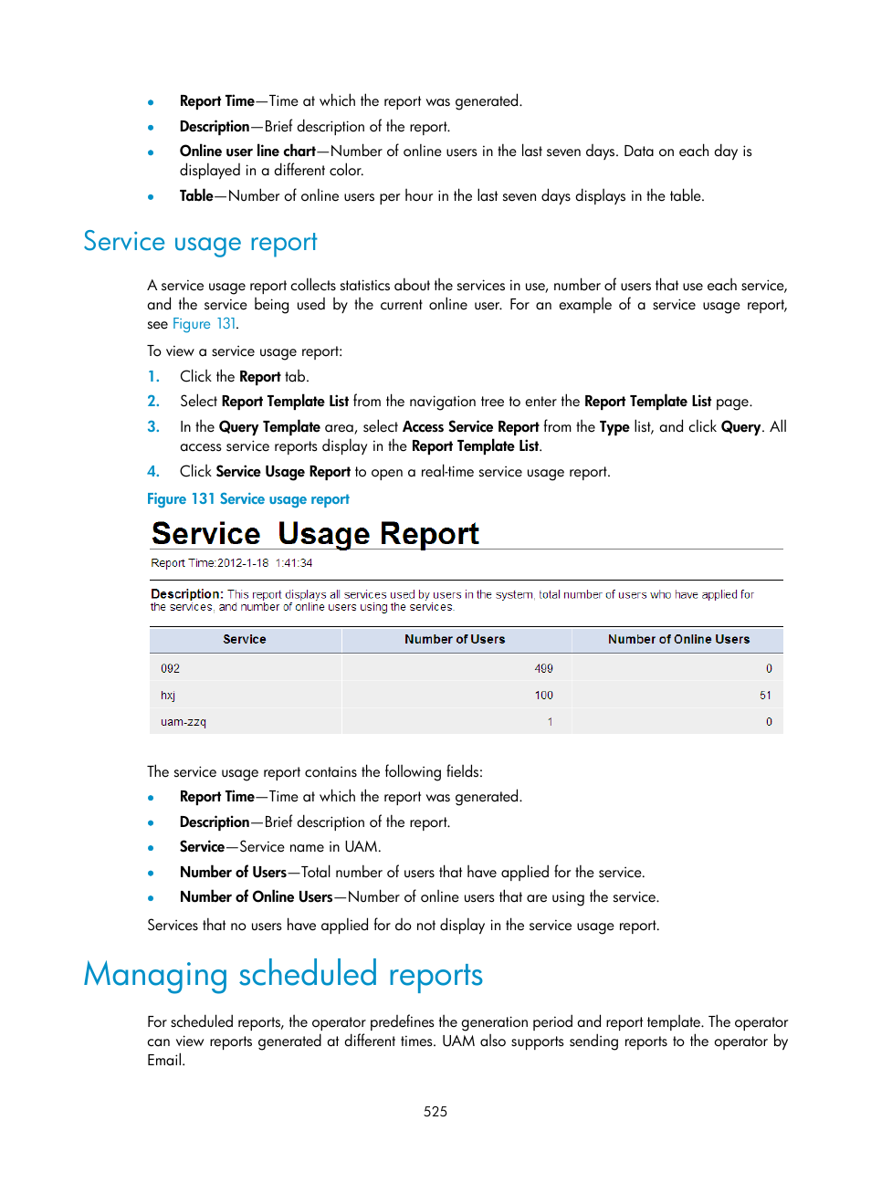 Service usage report, Managing scheduled reports | H3C Technologies H3C Intelligent Management Center User Manual | Page 543 / 641