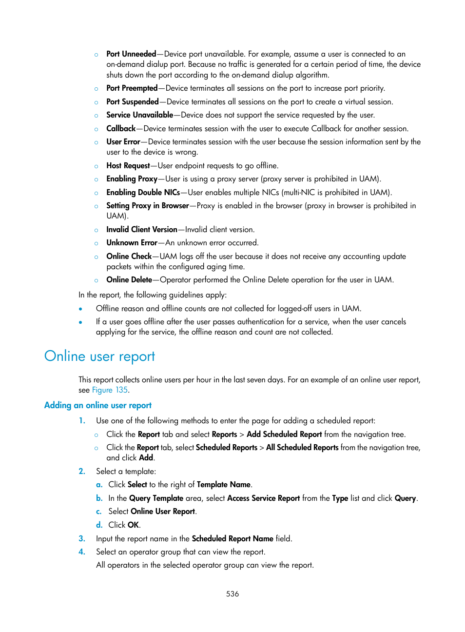 Online user report, Adding an online user report | H3C Technologies H3C Intelligent Management Center User Manual | Page 554 / 641
