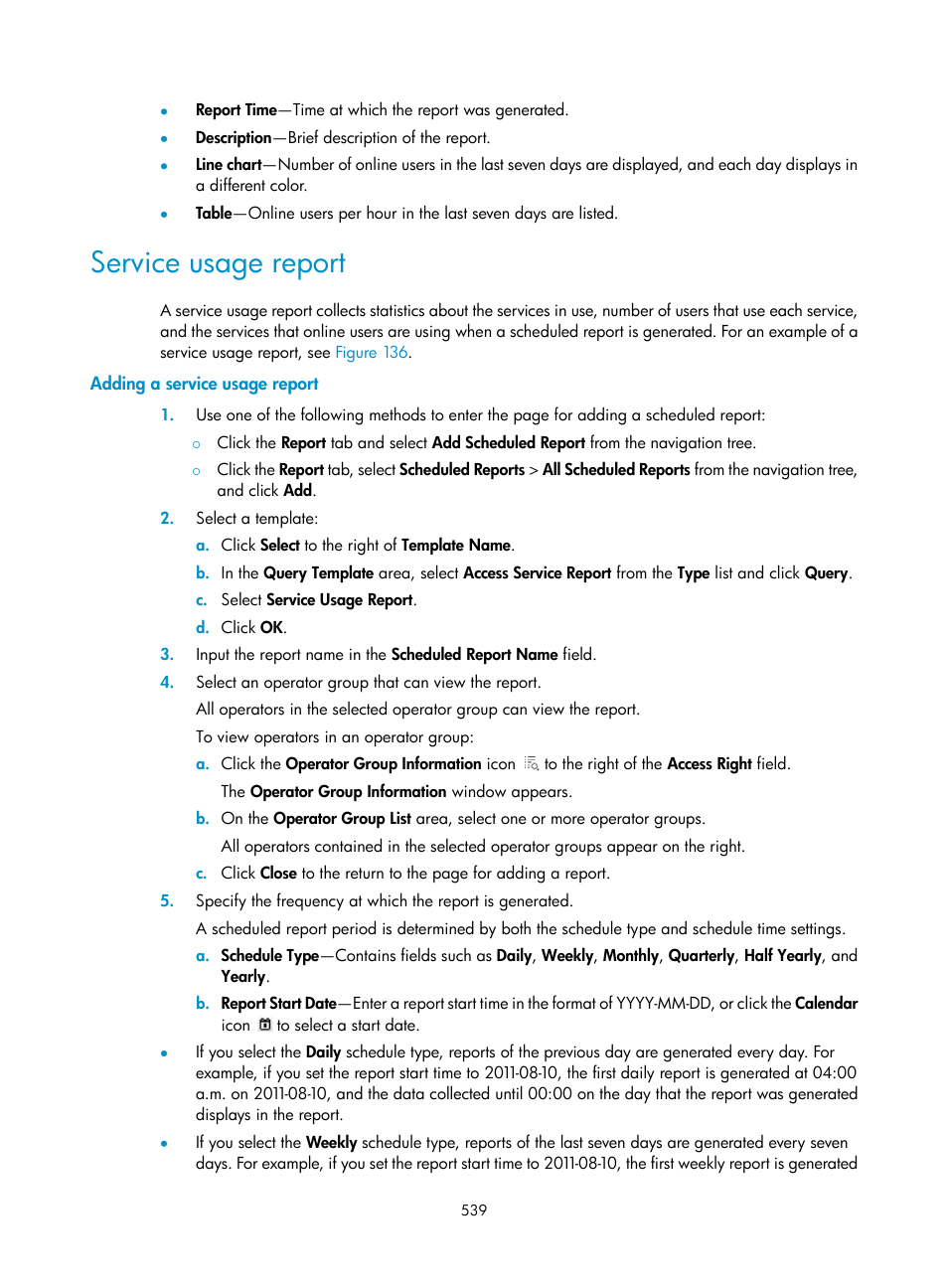 Service usage report, Adding a service usage report | H3C Technologies H3C Intelligent Management Center User Manual | Page 557 / 641
