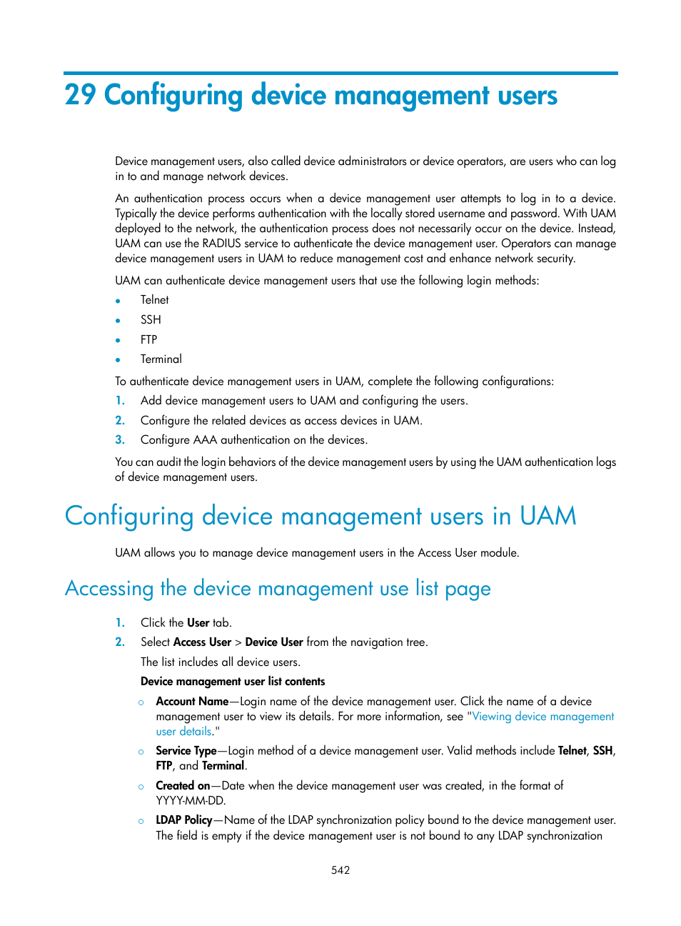 29 configuring device management users, Configuring device management users in uam, Configuring device management users | Accessing the device management use list page | H3C Technologies H3C Intelligent Management Center User Manual | Page 560 / 641