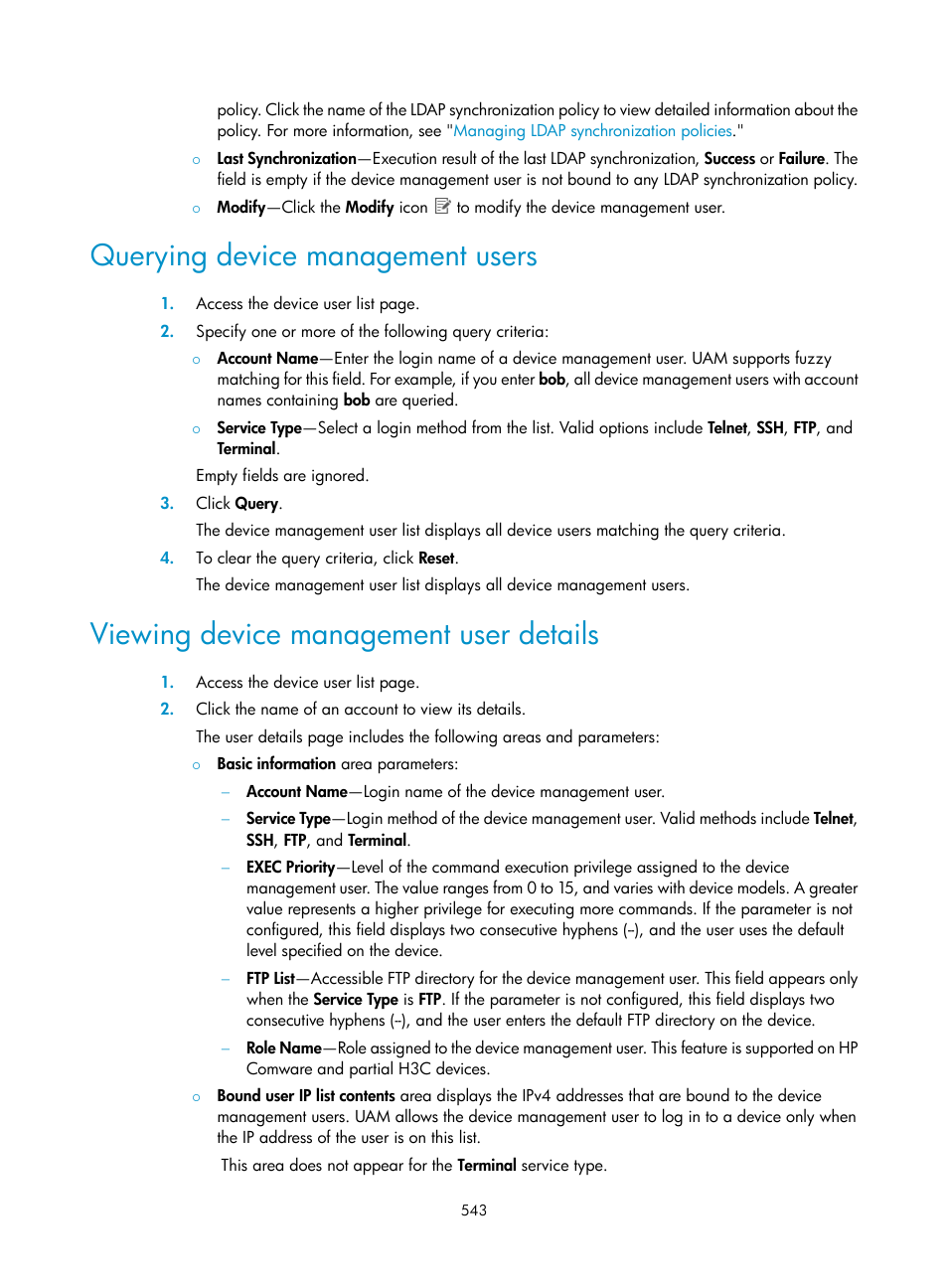 Querying device management users, Viewing device management user details | H3C Technologies H3C Intelligent Management Center User Manual | Page 561 / 641
