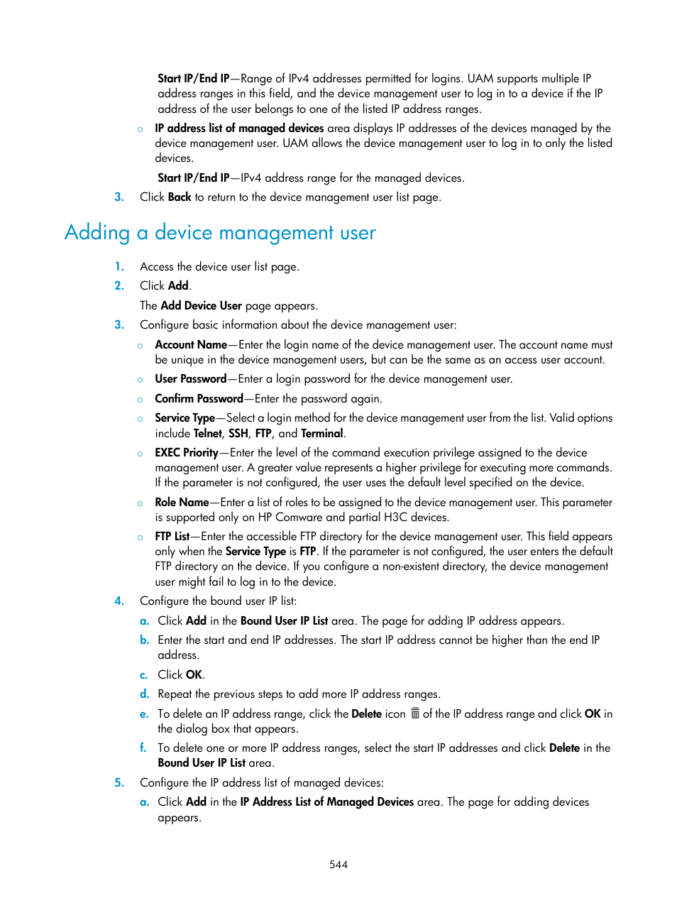 Adding a device management user | H3C Technologies H3C Intelligent Management Center User Manual | Page 562 / 641