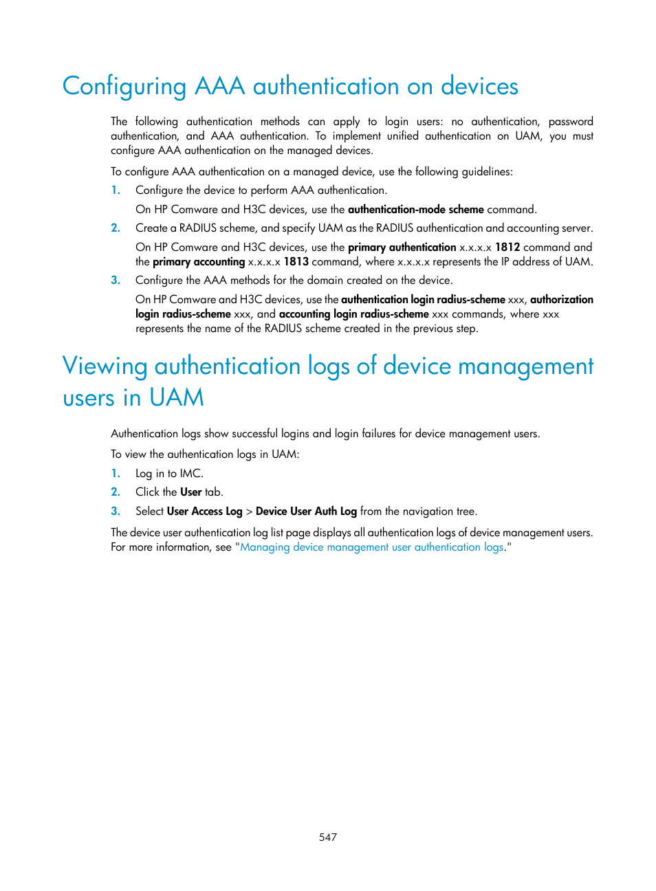 Configuring aaa authentication on devices | H3C Technologies H3C Intelligent Management Center User Manual | Page 565 / 641