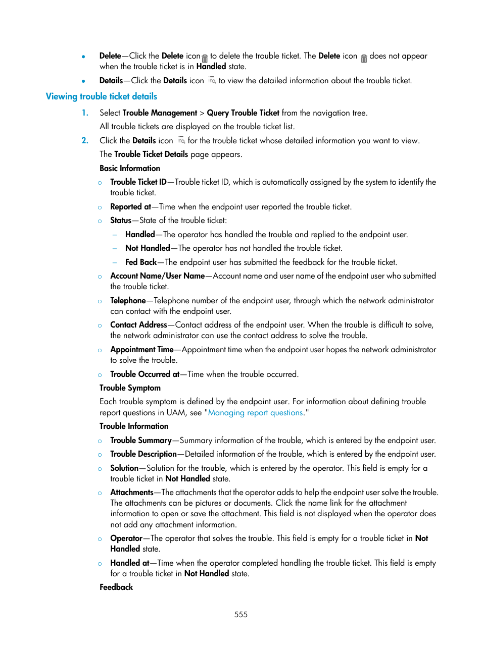 Viewing trouble ticket details | H3C Technologies H3C Intelligent Management Center User Manual | Page 573 / 641