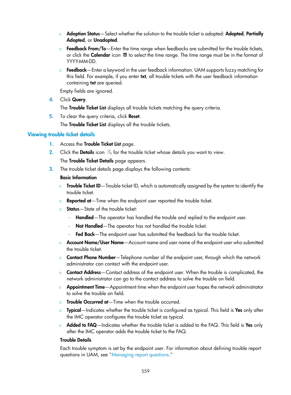Viewing trouble ticket details | H3C Technologies H3C Intelligent Management Center User Manual | Page 577 / 641