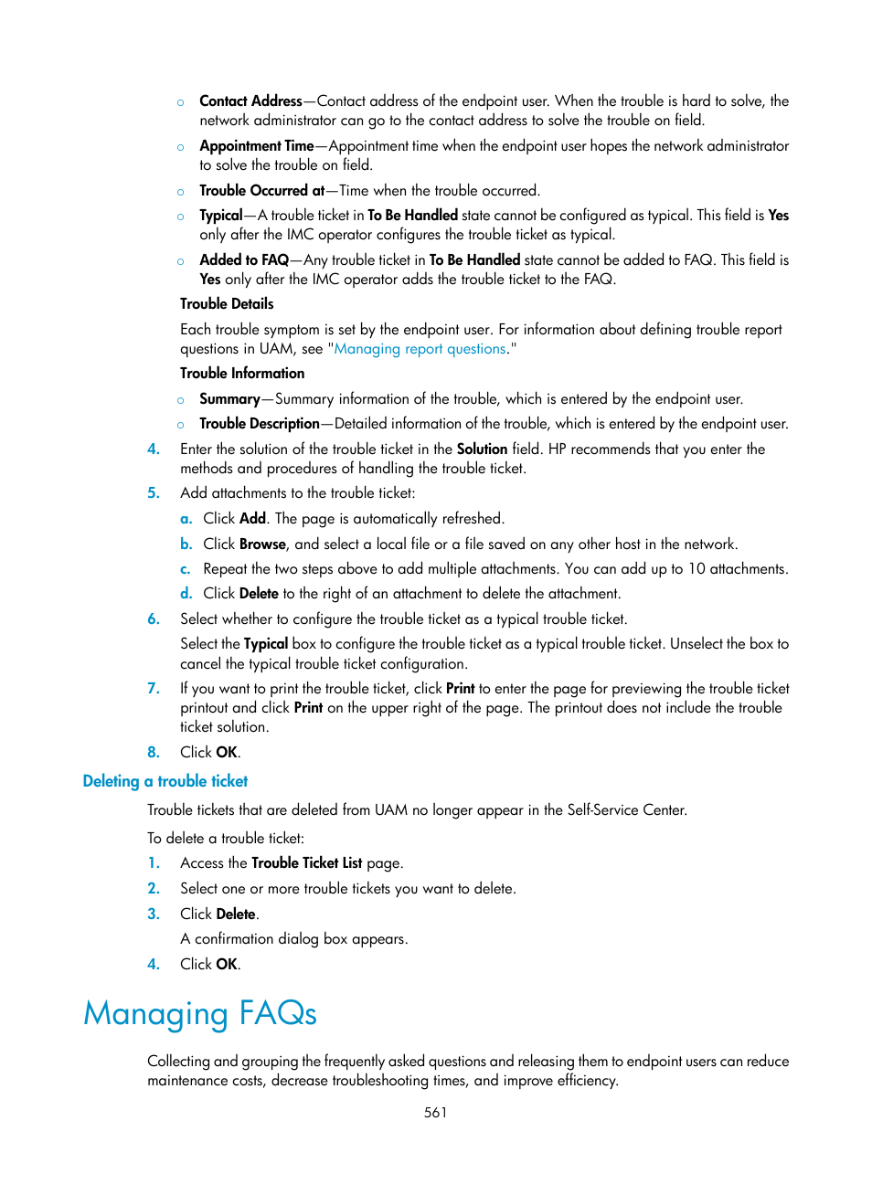 Deleting a trouble ticket, Managing faqs | H3C Technologies H3C Intelligent Management Center User Manual | Page 579 / 641