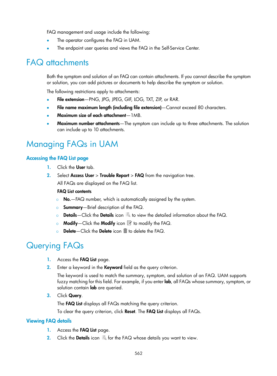 Faq attachments, Managing faqs in uam, Querying faqs | Viewing faq details | H3C Technologies H3C Intelligent Management Center User Manual | Page 580 / 641