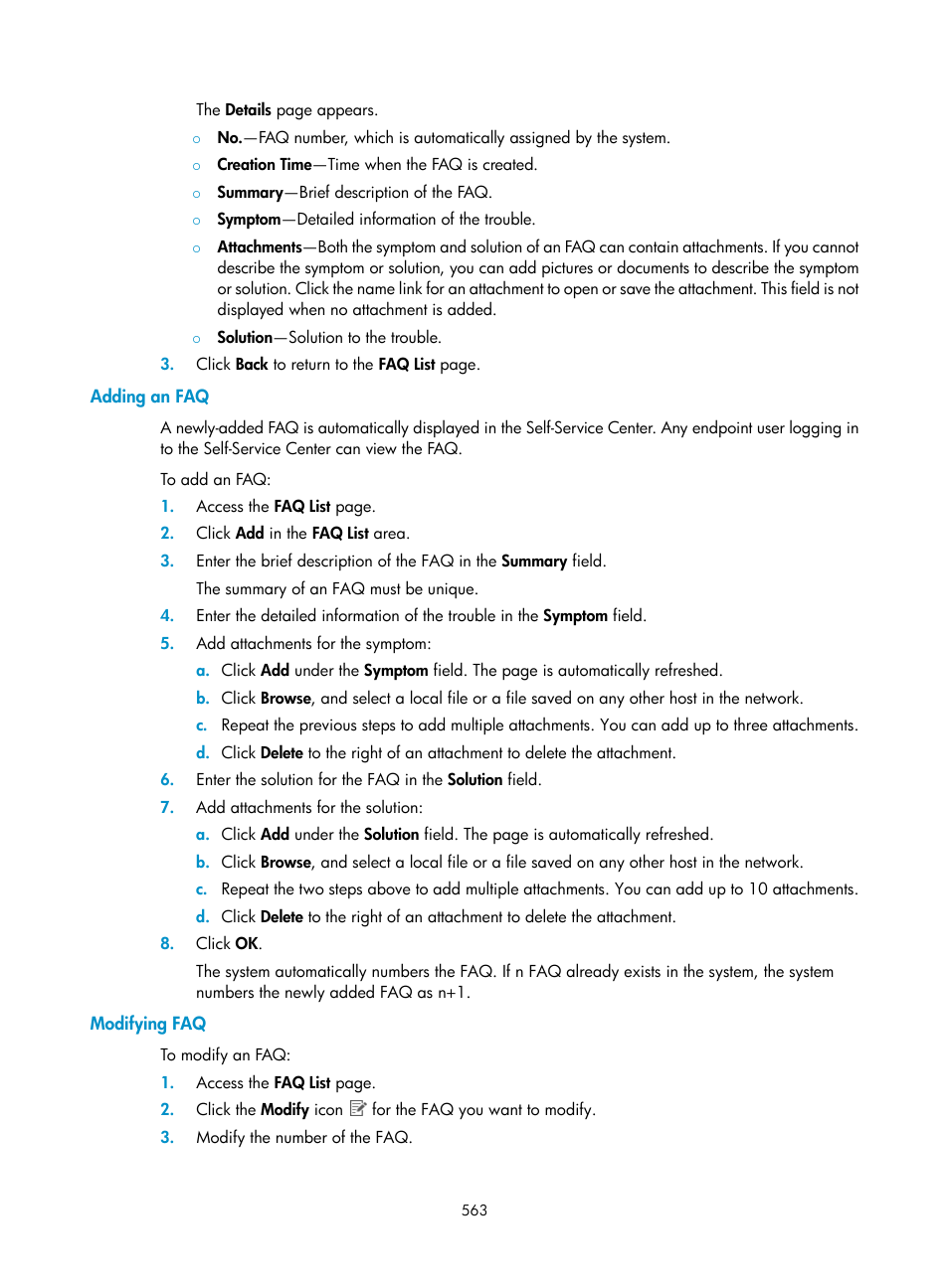 Adding an faq, Modifying faq | H3C Technologies H3C Intelligent Management Center User Manual | Page 581 / 641