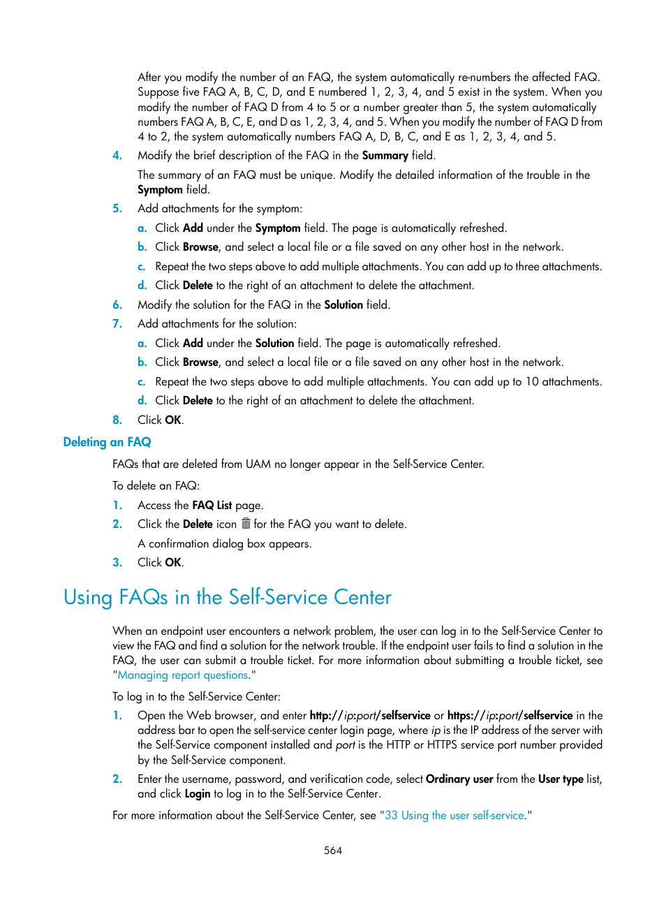 Deleting an faq, Using faqs in the self-service center | H3C Technologies H3C Intelligent Management Center User Manual | Page 582 / 641