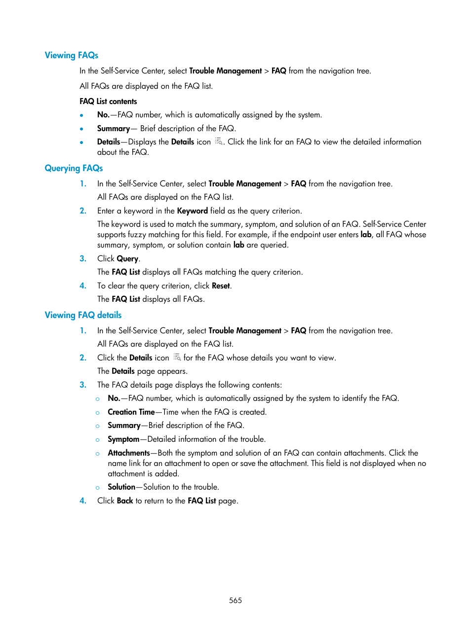 Viewing faqs, Querying faqs, Viewing faq details | H3C Technologies H3C Intelligent Management Center User Manual | Page 583 / 641