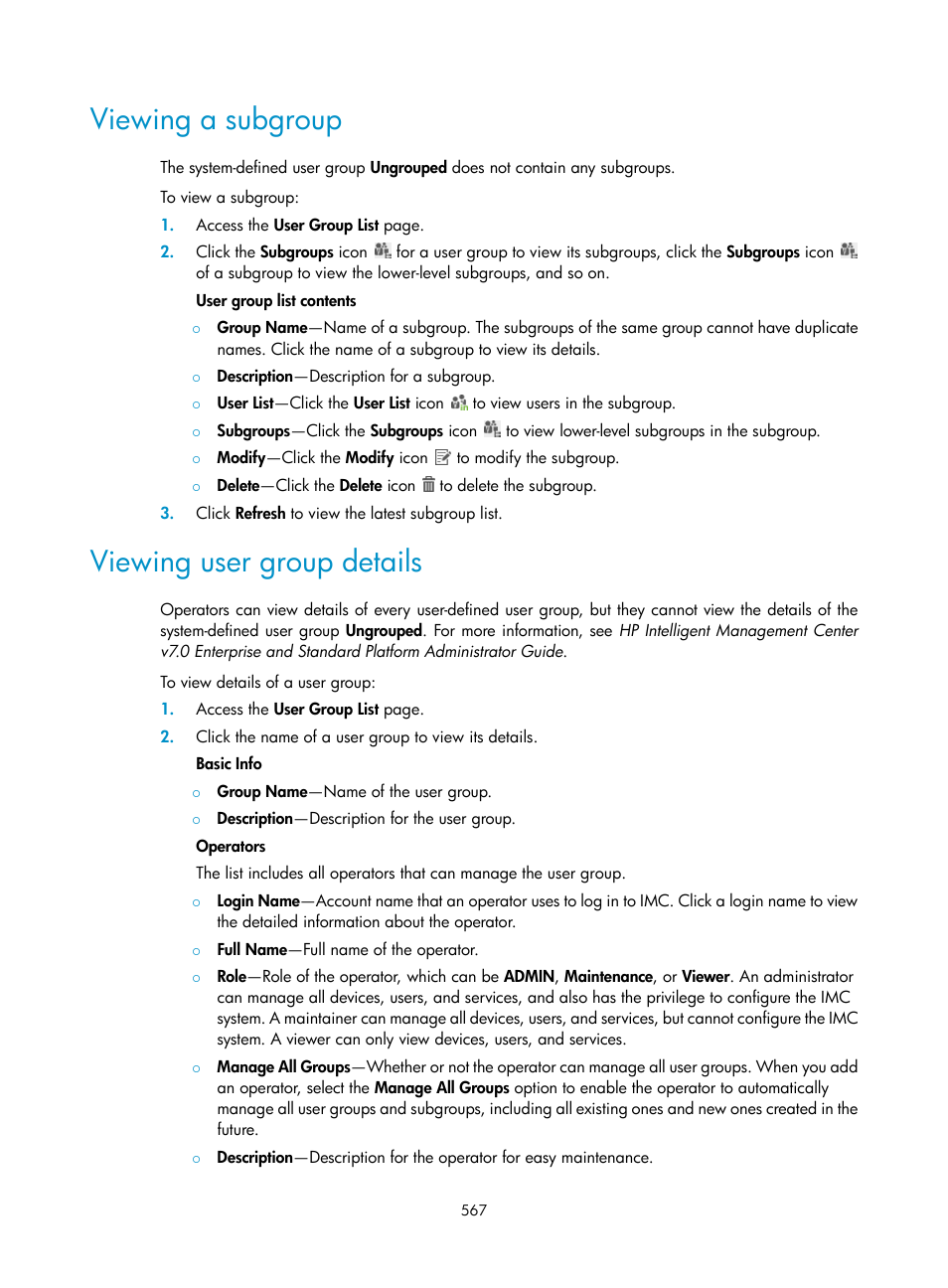 Viewing a subgroup, Viewing user group details | H3C Technologies H3C Intelligent Management Center User Manual | Page 585 / 641