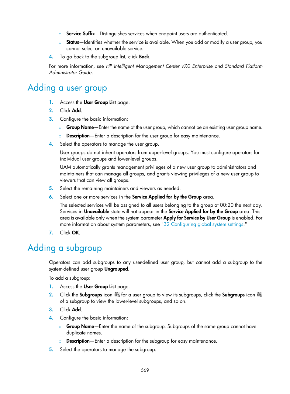 Adding a user group, Adding a subgroup | H3C Technologies H3C Intelligent Management Center User Manual | Page 587 / 641