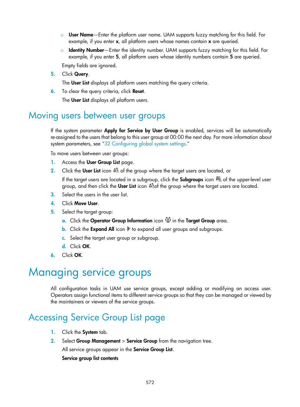 Moving users between user groups, Managing service groups, Accessing service group list page | H3C Technologies H3C Intelligent Management Center User Manual | Page 590 / 641
