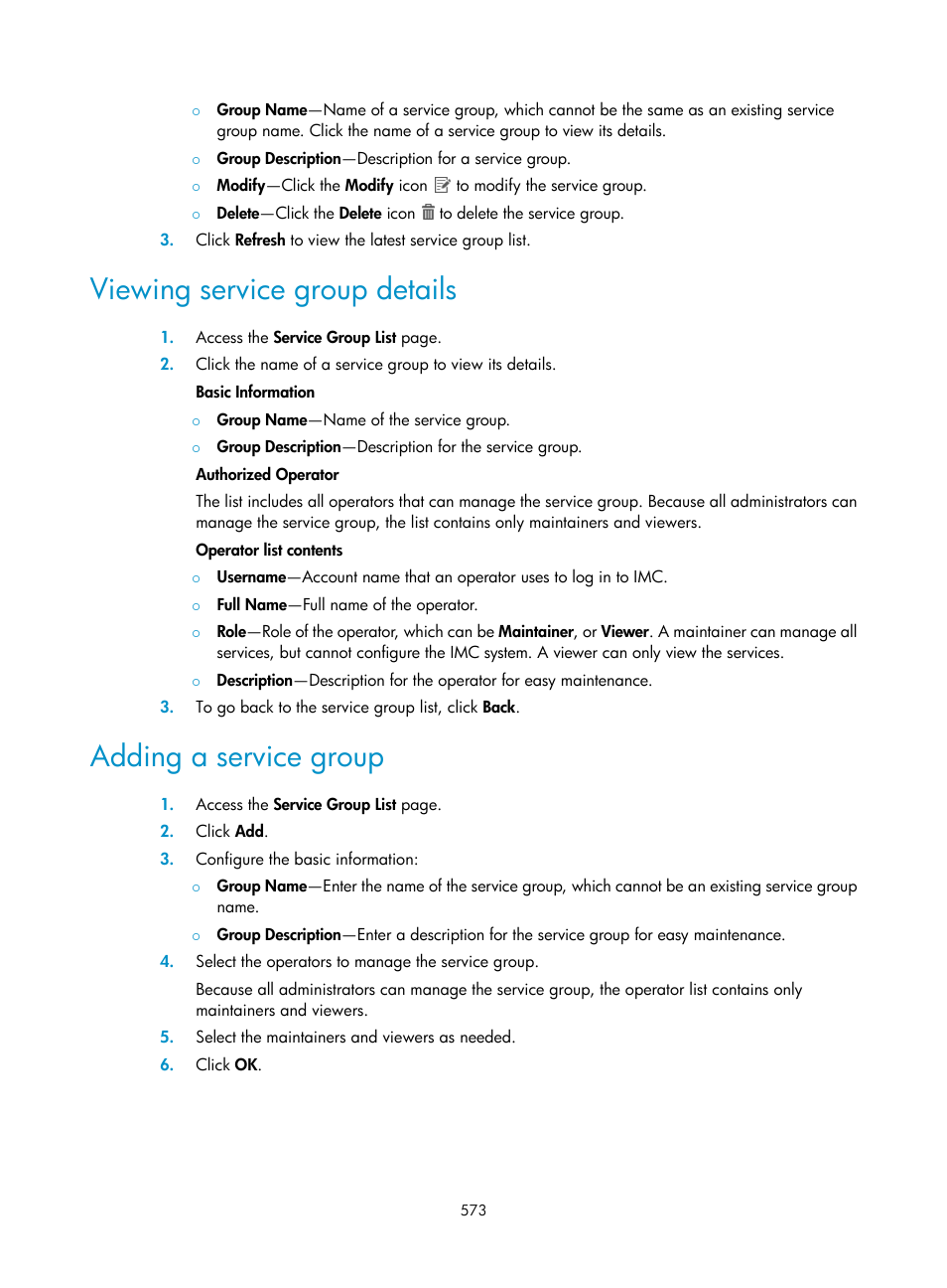 Viewing service group details, Adding a service group | H3C Technologies H3C Intelligent Management Center User Manual | Page 591 / 641
