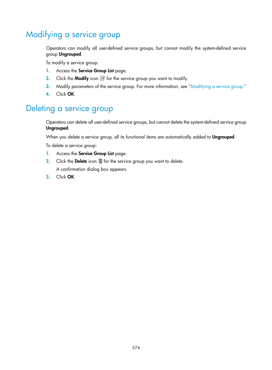 Modifying a service group, Deleting a service group | H3C Technologies H3C Intelligent Management Center User Manual | Page 592 / 641