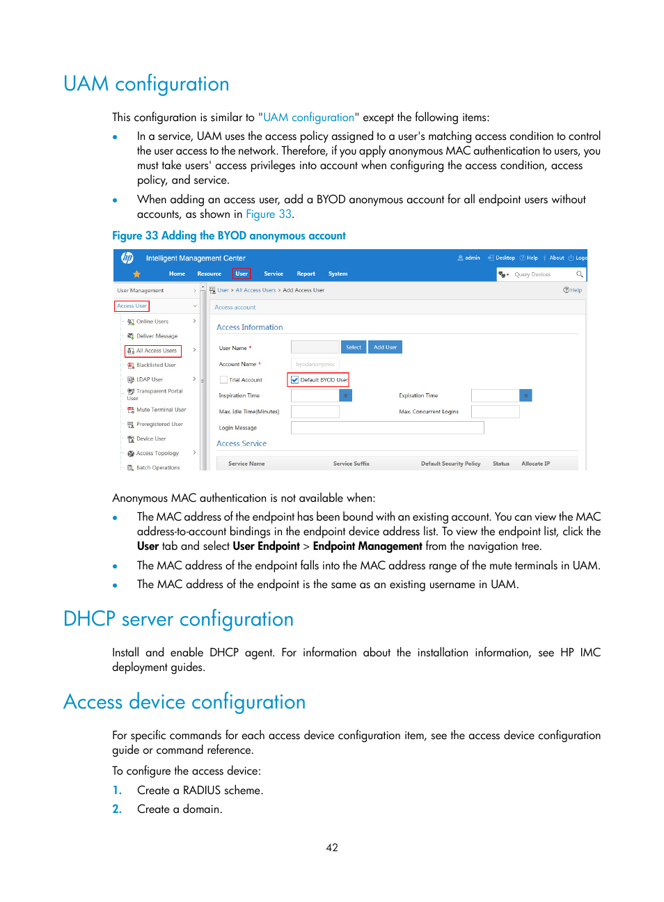 Uam configuration, Dhcp server configuration, Access device configuration | H3C Technologies H3C Intelligent Management Center User Manual | Page 60 / 641