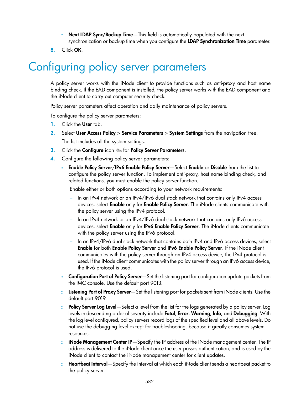 Configuring policy server parameters | H3C Technologies H3C Intelligent Management Center User Manual | Page 600 / 641