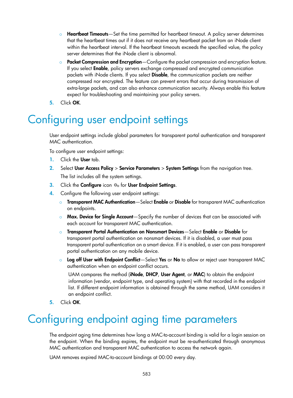 Configuring user endpoint settings, Configuring endpoint aging time parameters, Configuring user | Endpoint settings | H3C Technologies H3C Intelligent Management Center User Manual | Page 601 / 641