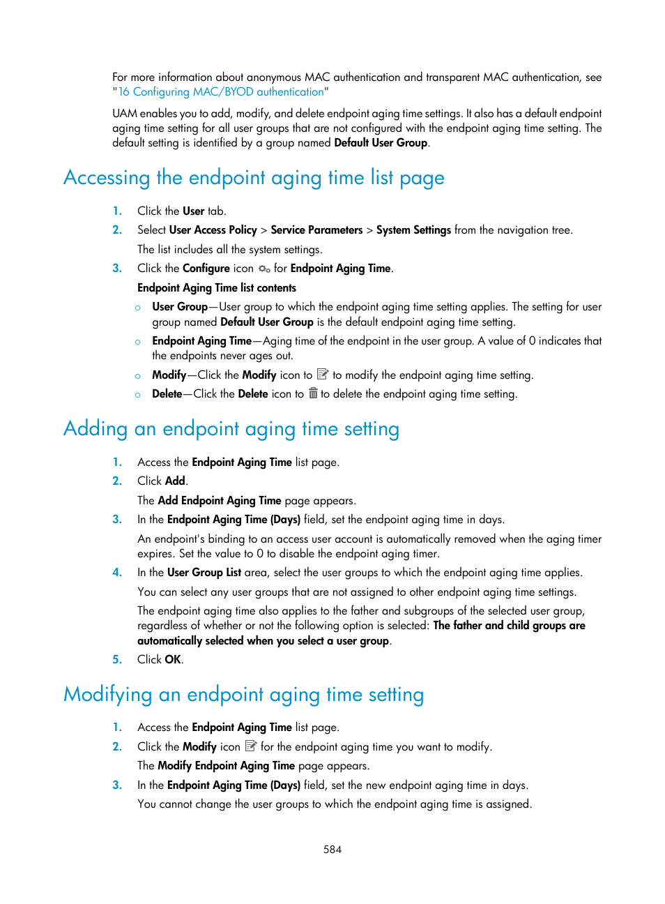 Adding an endpoint aging time setting, Modifying an endpoint aging time setting, Accessing the endpoint aging time list page | H3C Technologies H3C Intelligent Management Center User Manual | Page 602 / 641