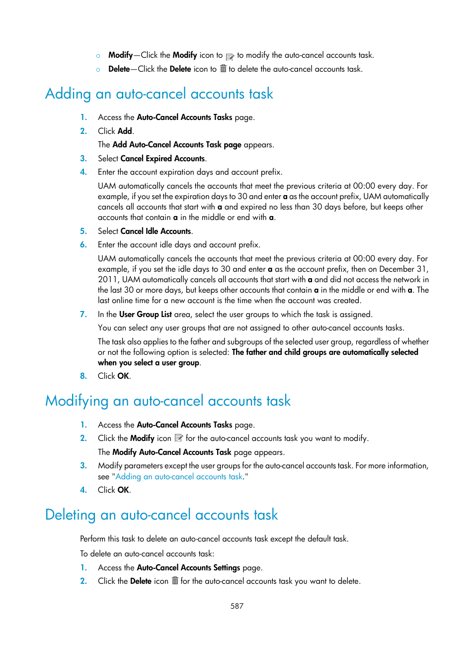 Adding an auto-cancel accounts task, Modifying an auto-cancel accounts task, Deleting an auto-cancel accounts task | H3C Technologies H3C Intelligent Management Center User Manual | Page 605 / 641