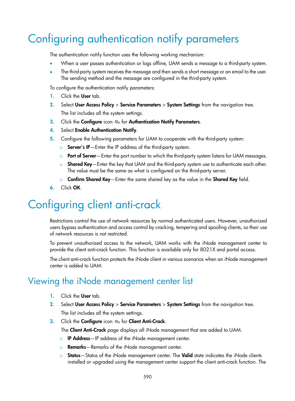 Configuring authentication notify parameters, Configuring client anti-crack, Viewing the inode management center list | Configuring client, Anti-crack | H3C Technologies H3C Intelligent Management Center User Manual | Page 608 / 641