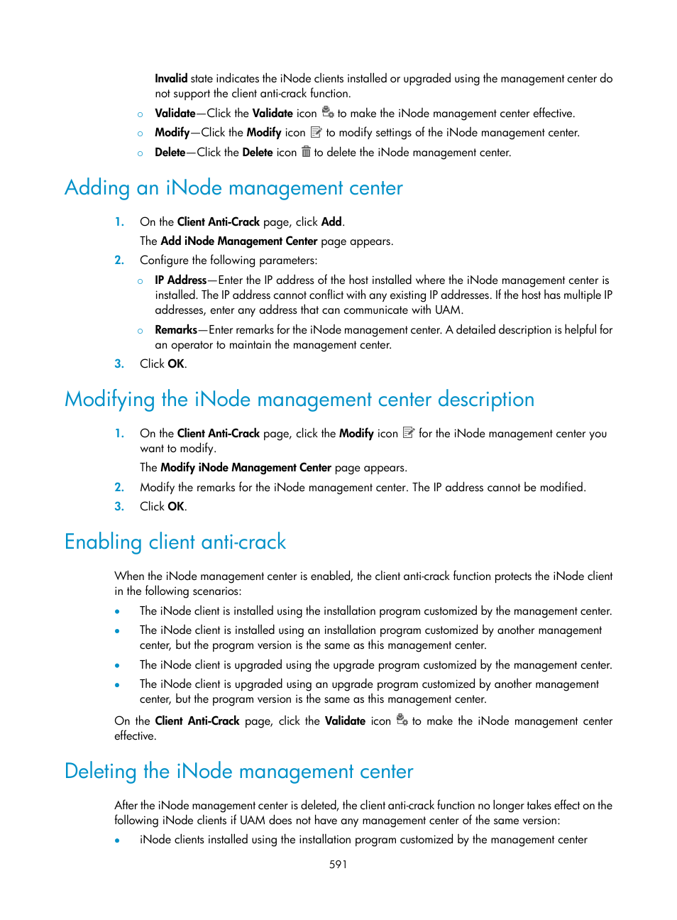 Adding an inode management center, Modifying the inode management center description, Enabling client anti-crack | Deleting the inode management center | H3C Technologies H3C Intelligent Management Center User Manual | Page 609 / 641
