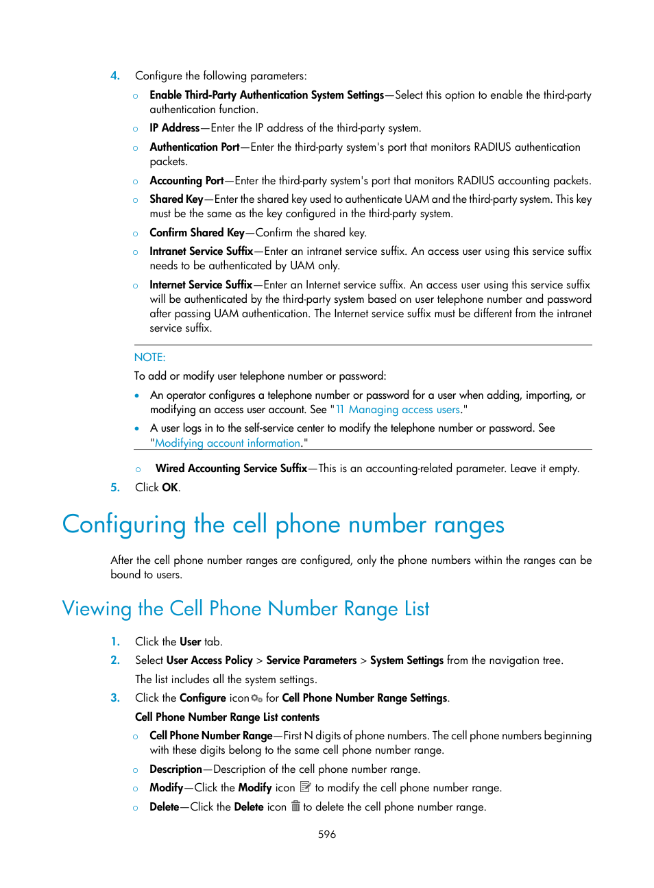 Configuring the cell phone number ranges, Viewing the cell phone number range list, Configuring the cell phone | Number ranges | H3C Technologies H3C Intelligent Management Center User Manual | Page 614 / 641