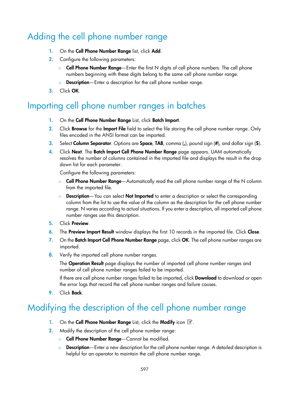 Adding the cell phone number range, Importing cell phone number ranges in batches | H3C Technologies H3C Intelligent Management Center User Manual | Page 615 / 641