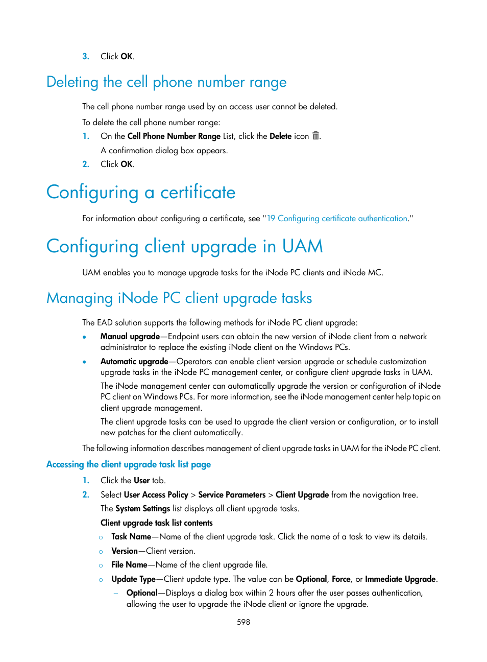Deleting the cell phone number range, Configuring a certificate, Configuring client upgrade in uam | Managing inode pc client upgrade tasks | H3C Technologies H3C Intelligent Management Center User Manual | Page 616 / 641