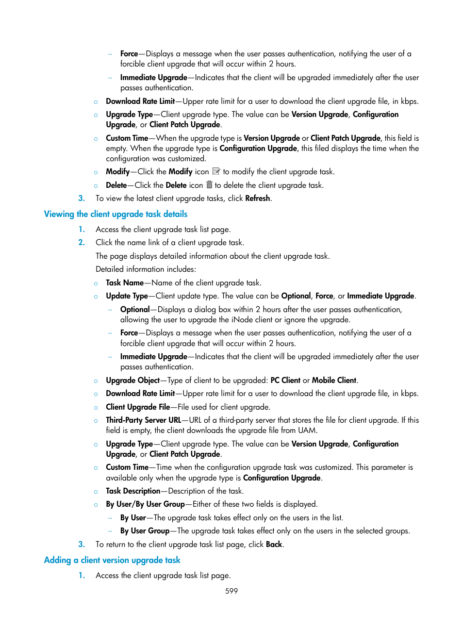 Viewing the client upgrade task details, Adding a client version upgrade task | H3C Technologies H3C Intelligent Management Center User Manual | Page 617 / 641
