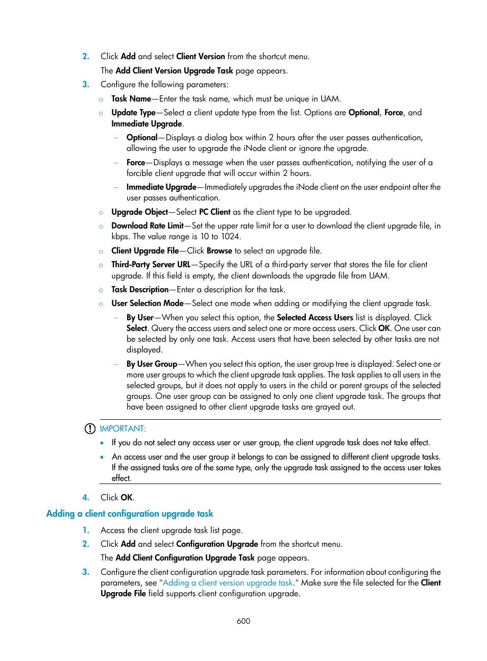 Adding a client configuration upgrade task | H3C Technologies H3C Intelligent Management Center User Manual | Page 618 / 641
