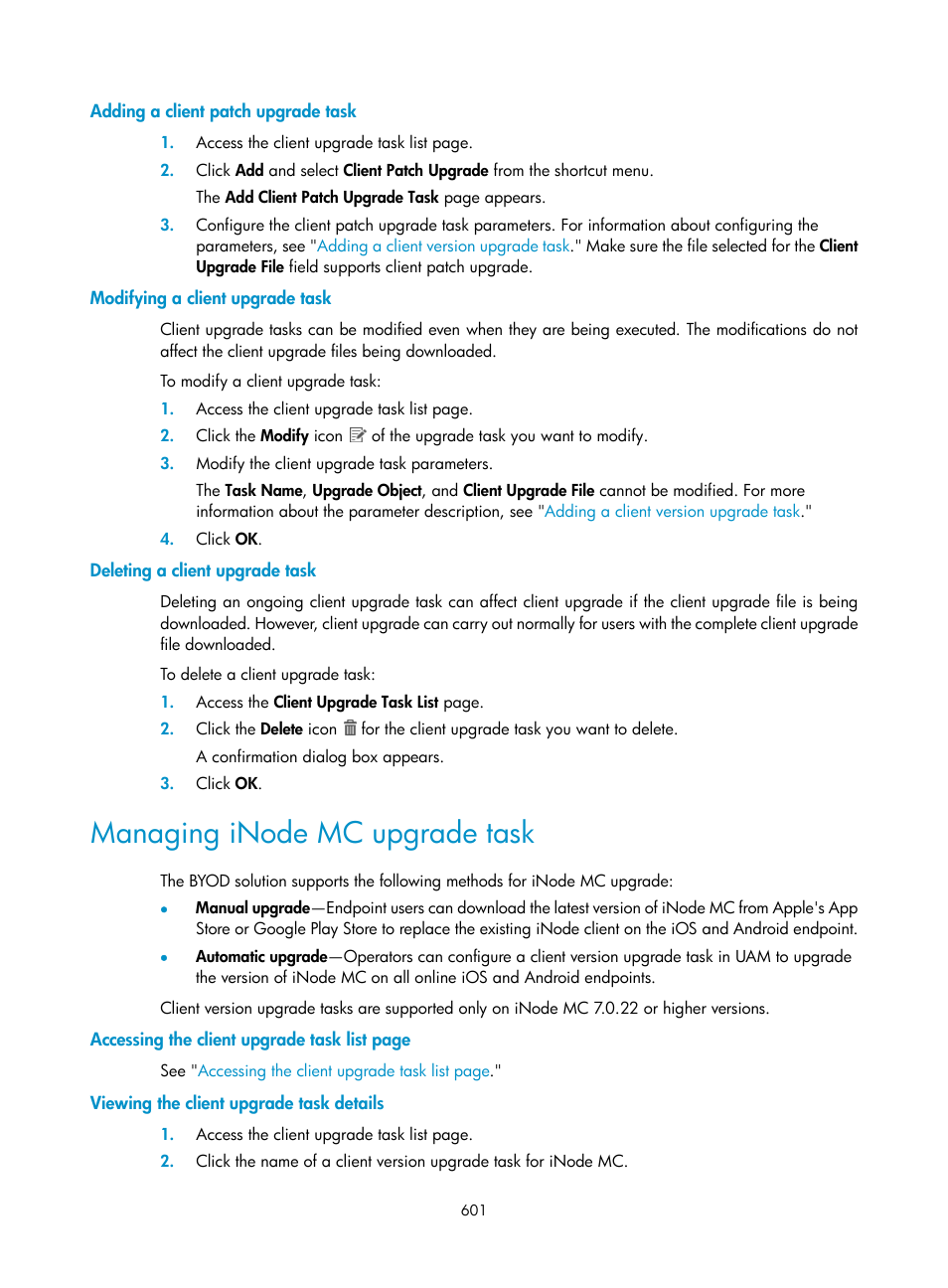 Adding a client patch upgrade task, Modifying a client upgrade task, Deleting a client upgrade task | Managing inode mc upgrade task, Viewing the client upgrade task details | H3C Technologies H3C Intelligent Management Center User Manual | Page 619 / 641
