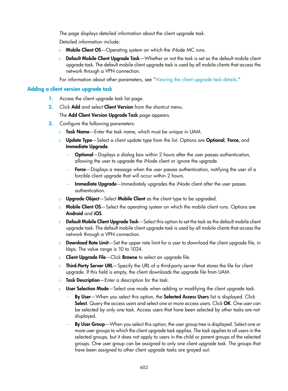 Adding a client version upgrade task, Ription, see | H3C Technologies H3C Intelligent Management Center User Manual | Page 620 / 641