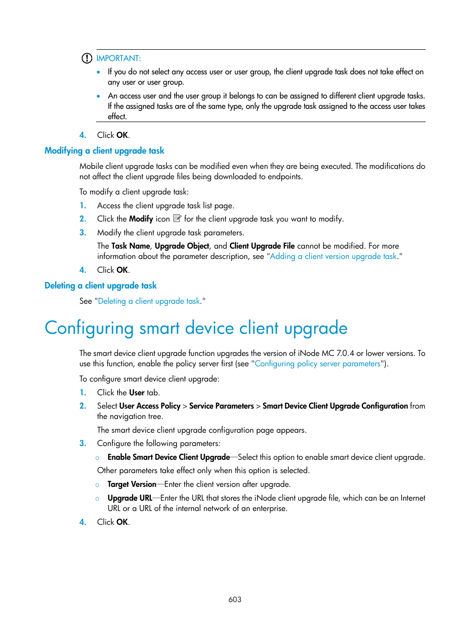 Modifying a client upgrade task, Deleting a client upgrade task, Configuring smart device client upgrade | H3C Technologies H3C Intelligent Management Center User Manual | Page 621 / 641
