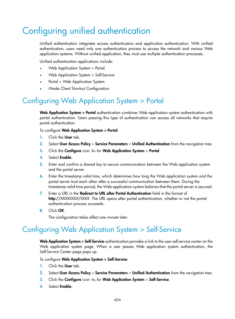 Configuring unified authentication, Configuring web application system > portal, Configuring web application system > self-service | H3C Technologies H3C Intelligent Management Center User Manual | Page 622 / 641